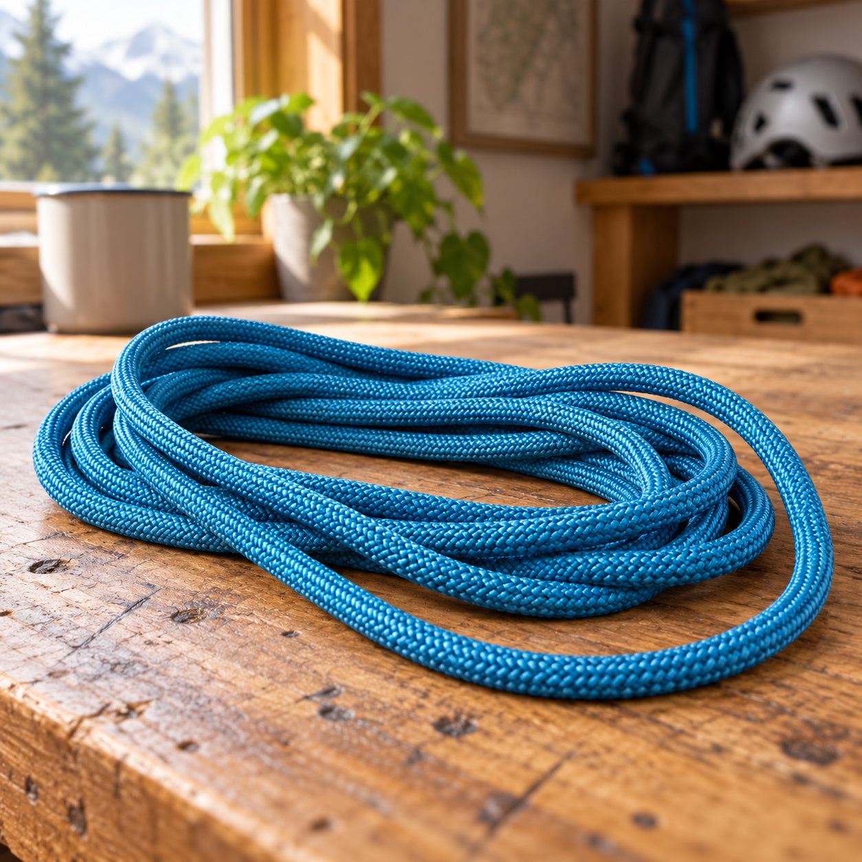 Blue Cypher cordelette resting in a loose coil on a home gear bench.