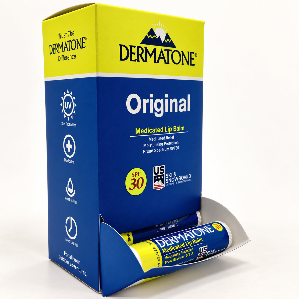 Dermatone Medicated display packaging, representative view for the 24-stick selling unit.
