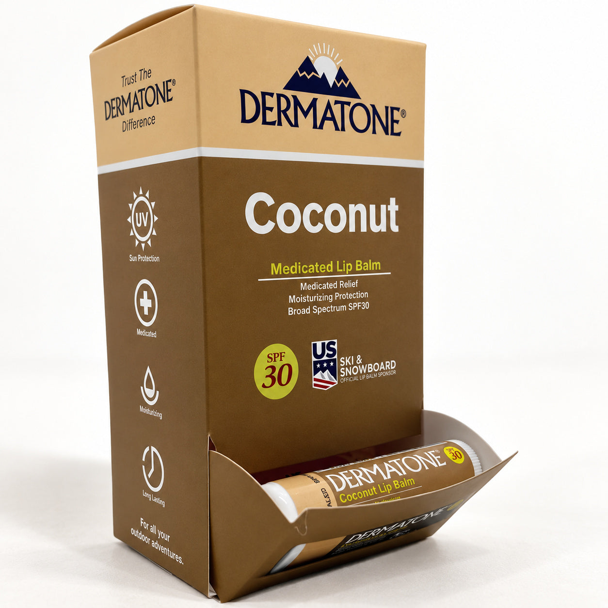 Dermatone Coconut display packaging, representative view for the 24-stick selling unit.