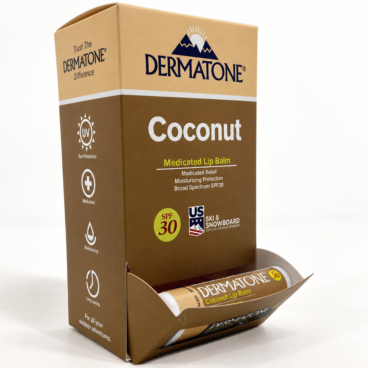 Dermatone Coconut display packaging, representative view for the 24-stick selling unit.