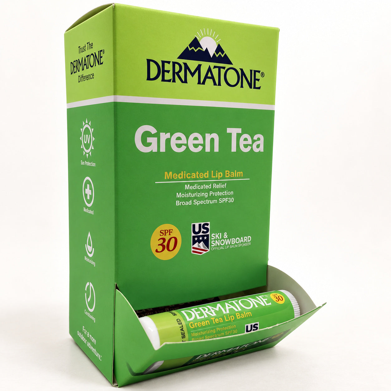Dermatone Green Tea display packaging, representative view for the 24-stick selling unit.