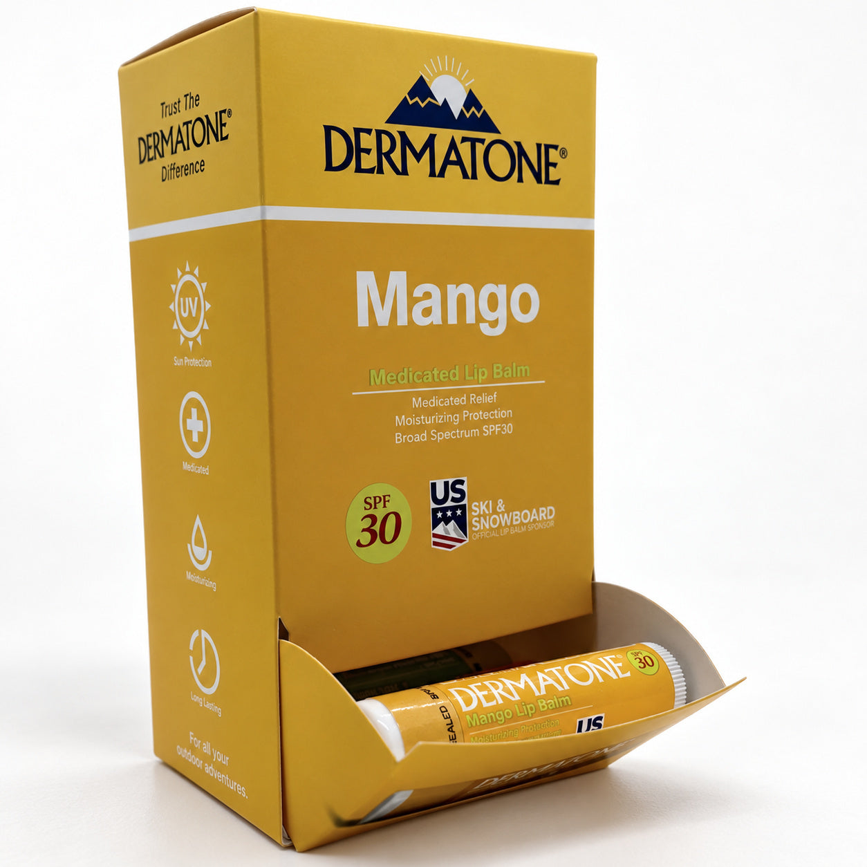 Dermatone Mango display packaging, representative view for the 24-stick selling unit.