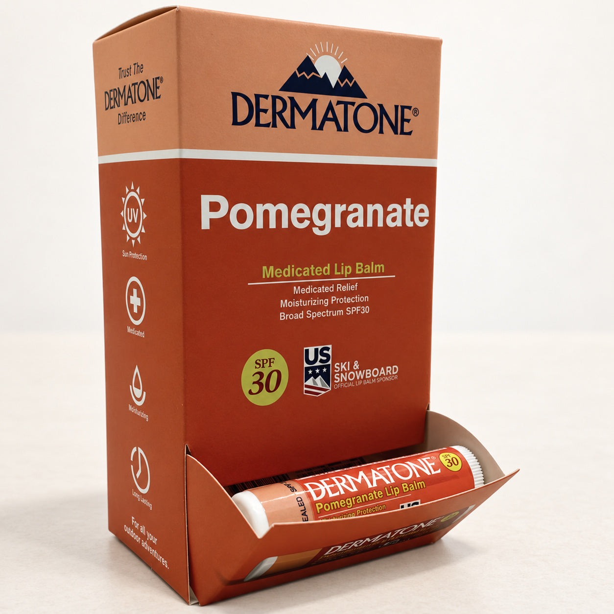 Dermatone Pomegranate display packaging, representative view for the 24-stick selling unit.