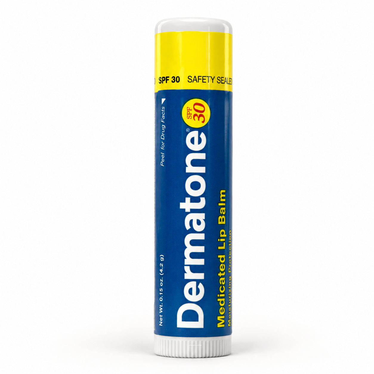 Dermatone Medicated SPF 30 lip balm, one closed 0.15 oz stick.