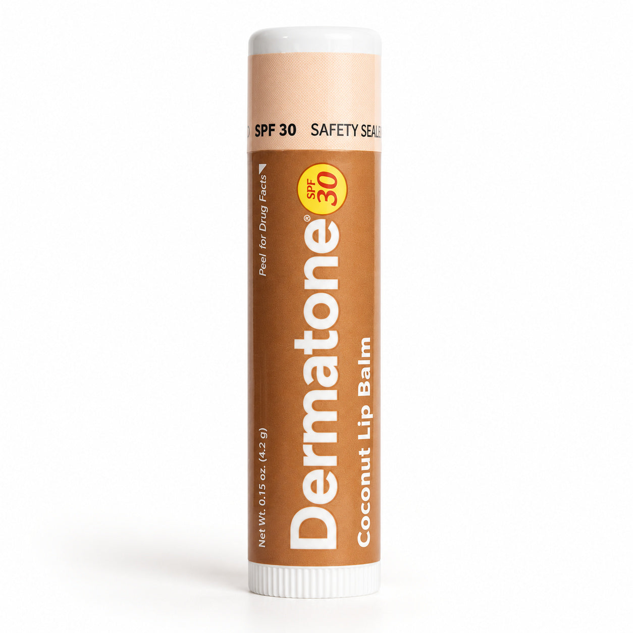 Dermatone Coconut SPF 30 lip balm, one closed 0.15 oz stick.