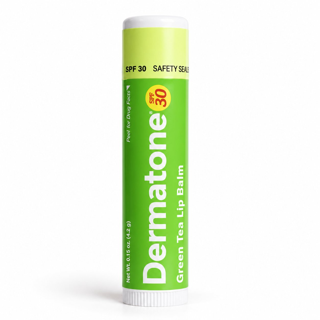 Dermatone Green Tea SPF 30 lip balm, one closed 0.15 oz stick.
