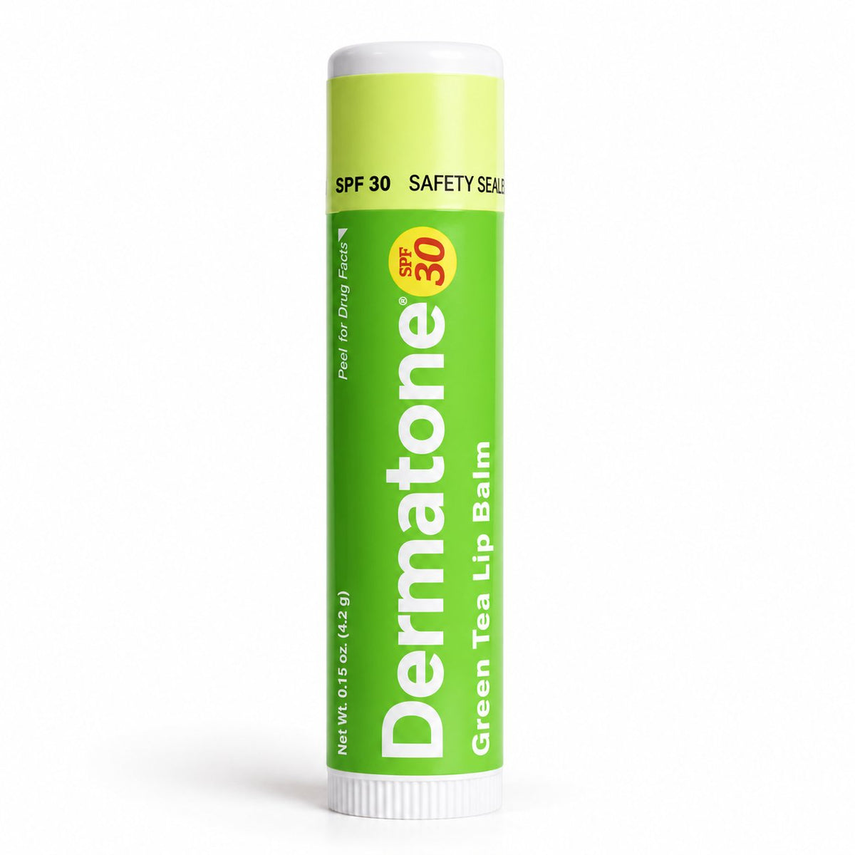 Dermatone Green Tea SPF 30 lip balm, one closed 0.15 oz stick.