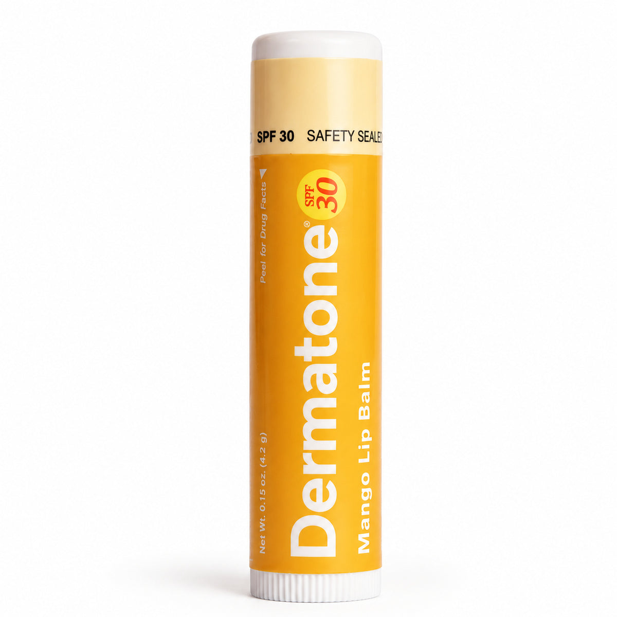 Dermatone Mango SPF 30 lip balm, one closed 0.15 oz stick.