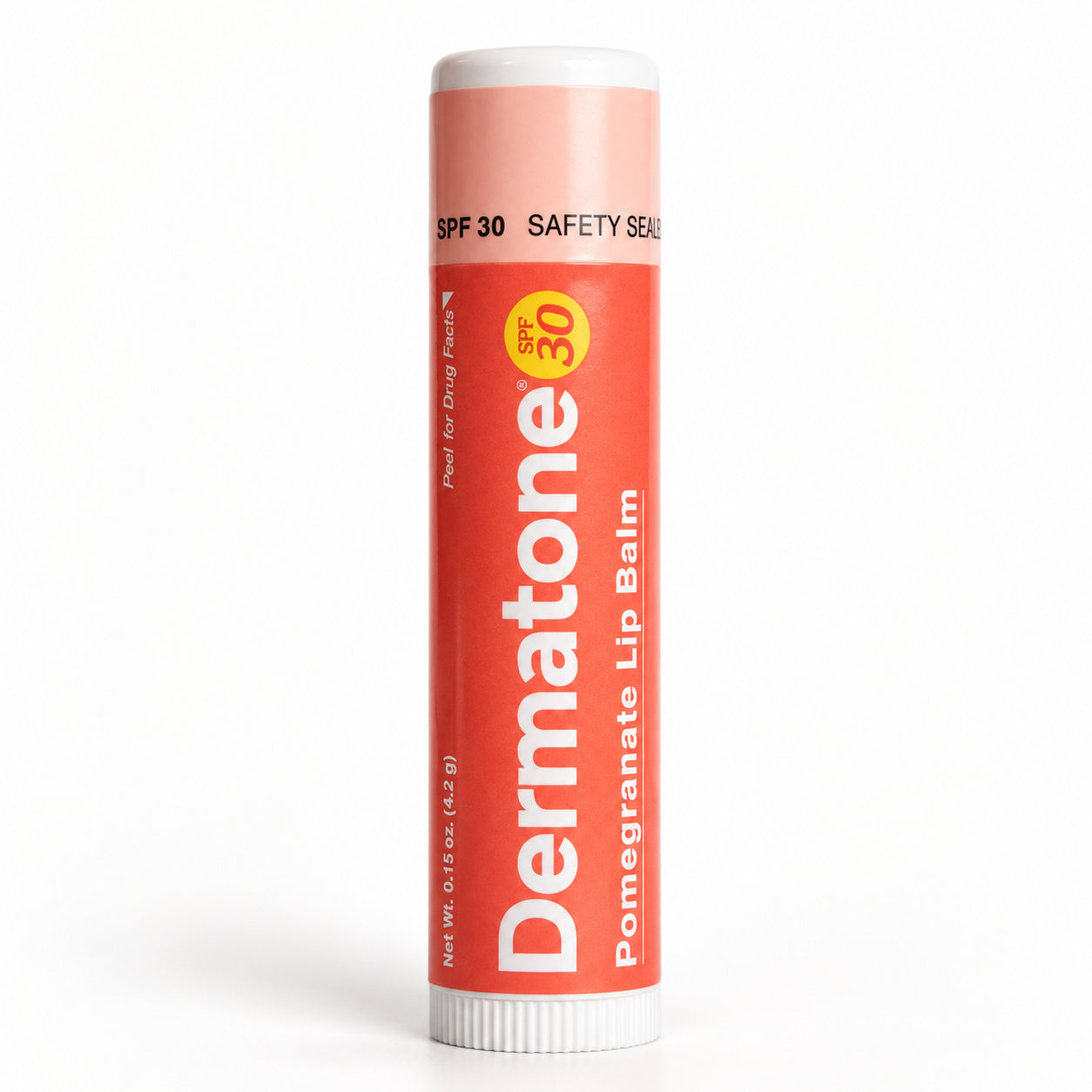 Dermatone Pomegranate SPF 30 lip balm, one closed 0.15 oz stick.