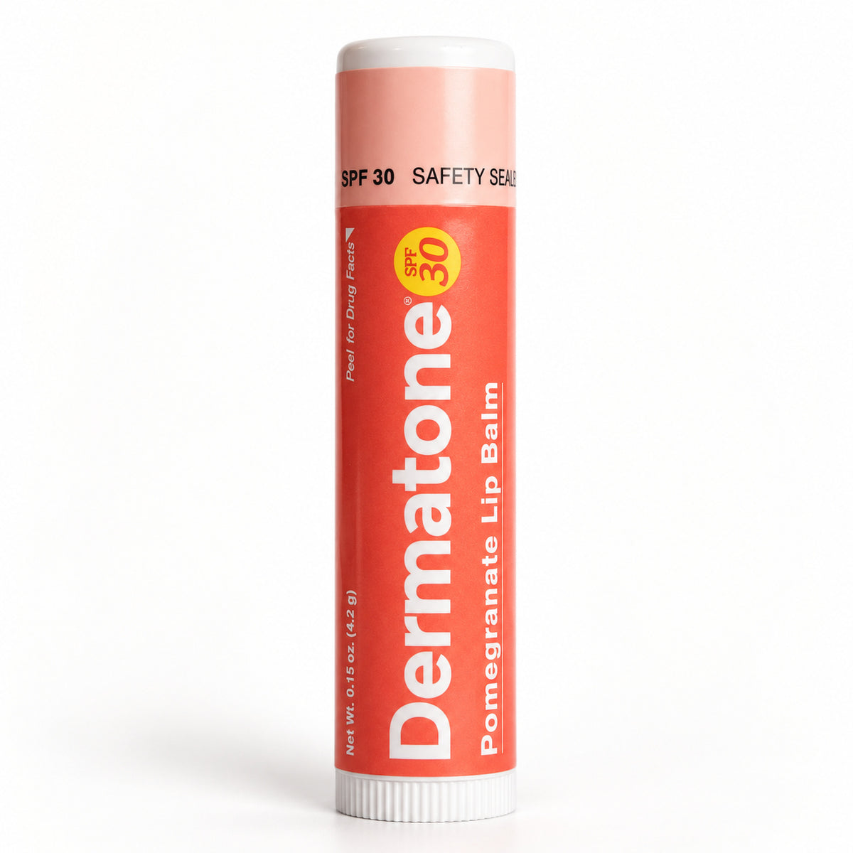 Dermatone Pomegranate SPF 30 lip balm, one closed 0.15 oz stick.