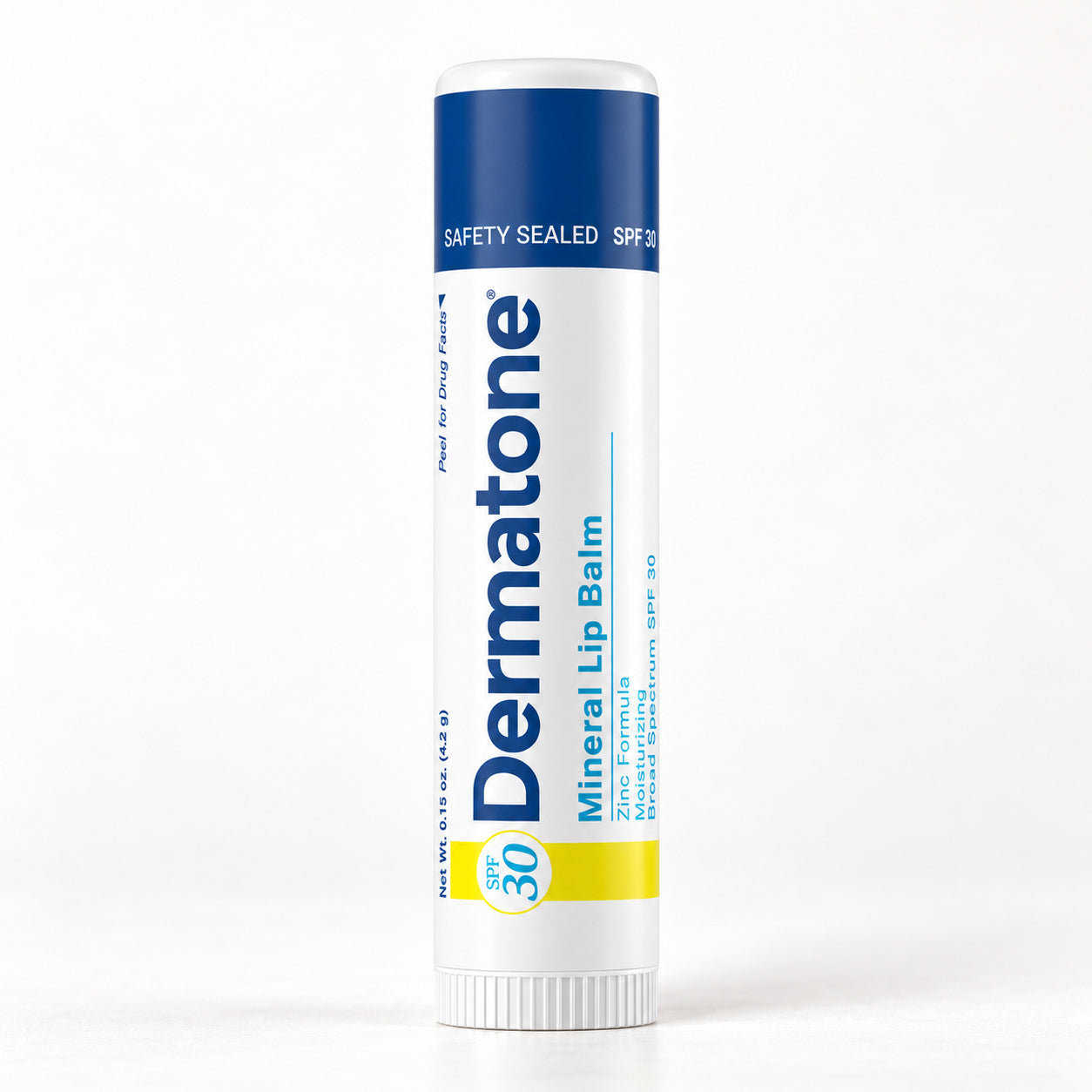 Dermatone Mineral SPF 30 lip balm, one closed 0.15 oz stick.