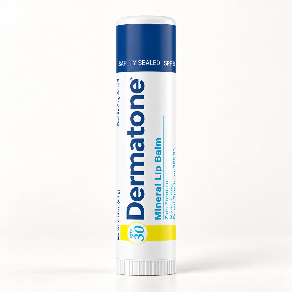 Dermatone Mineral SPF 30 lip balm, one closed 0.15 oz stick.