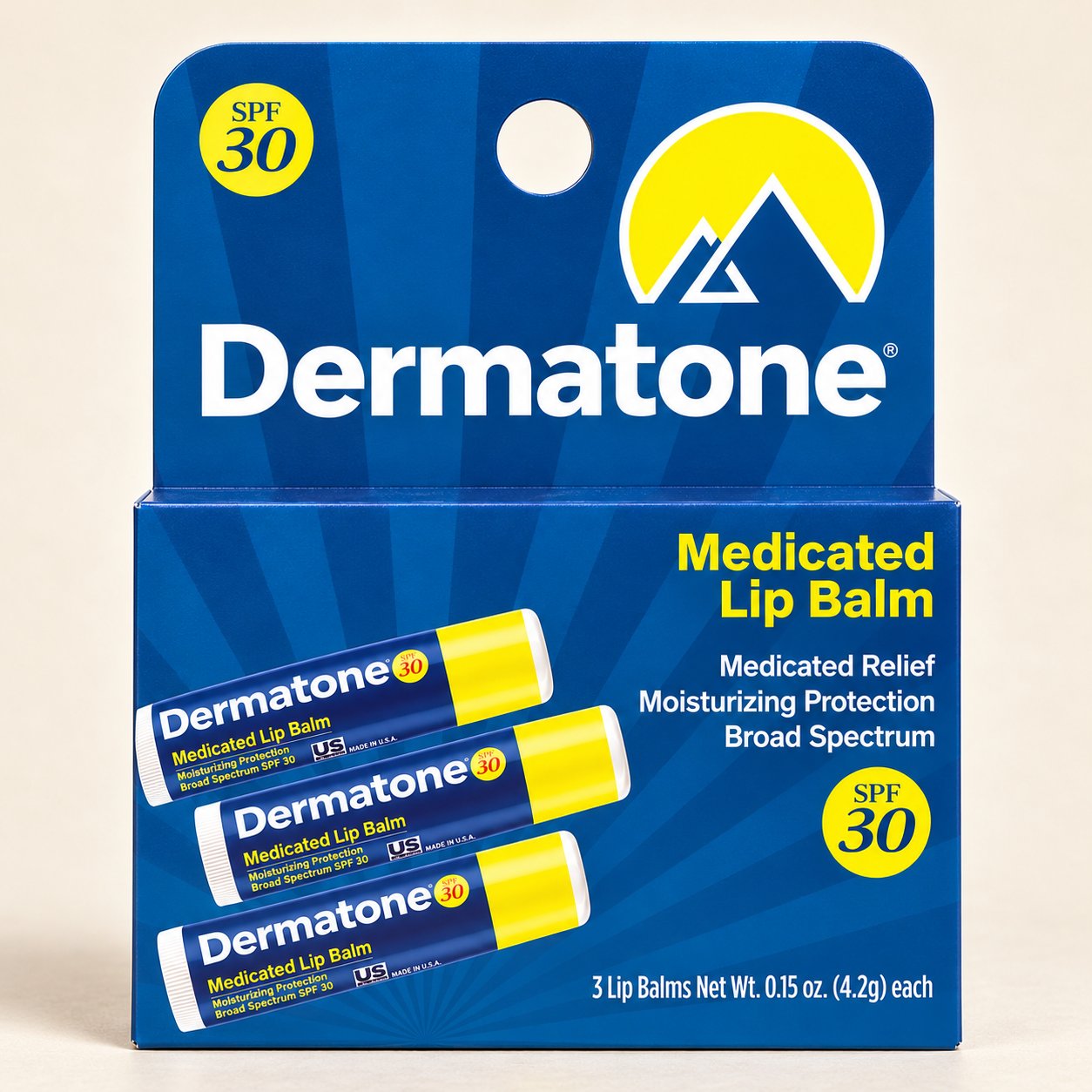 Dermatone Medicated SPF 30 hang box containing three 0.15 oz lip balms.