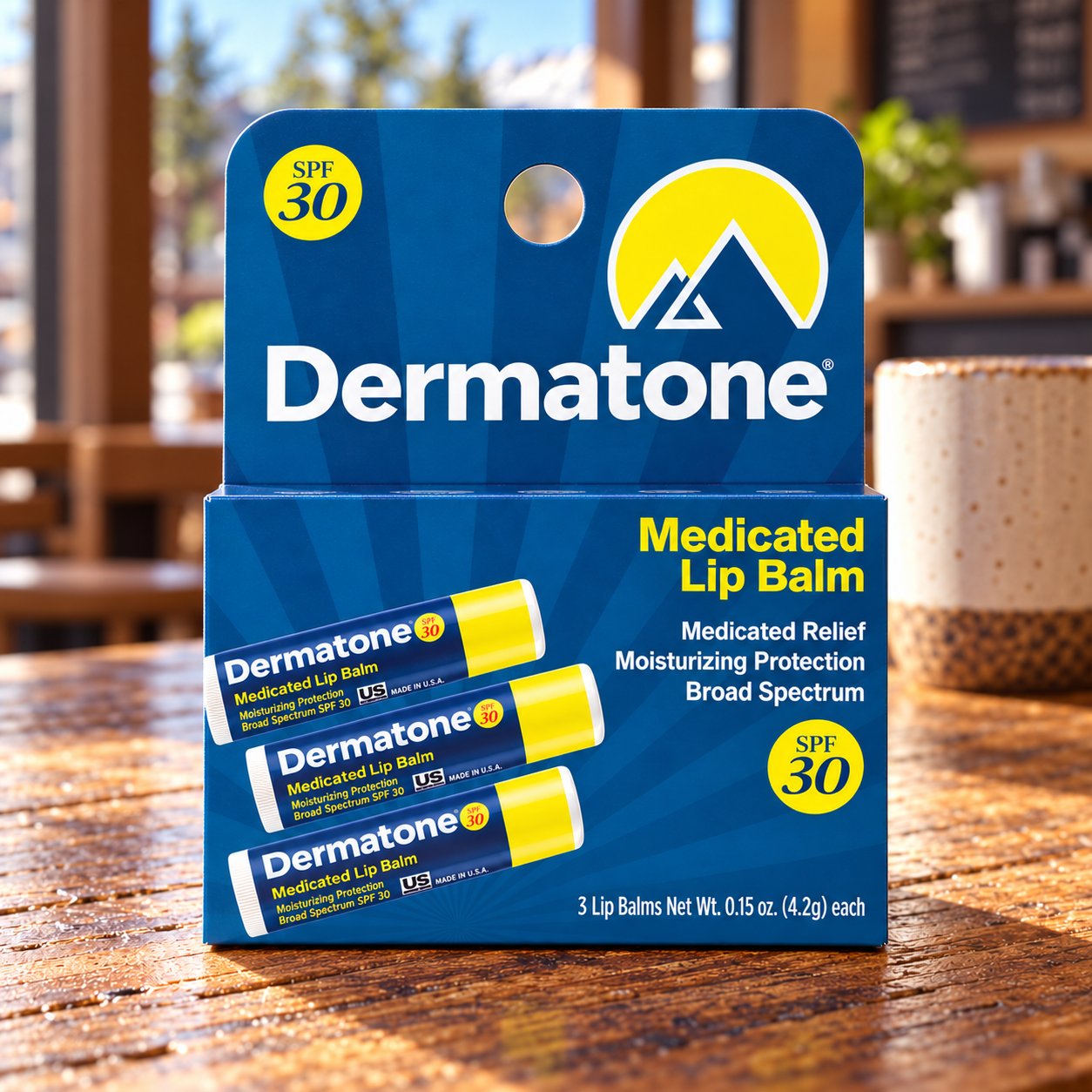 Dermatone Medicated three-stick SPF 30 hang box on a neighborhood coffee-shop counter.