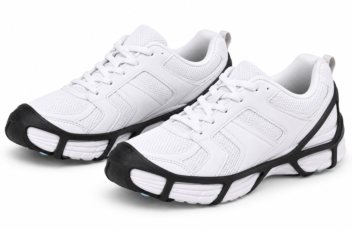 Black Due North Everyday G3 traction aids fitted over a pair of white athletic shoes.