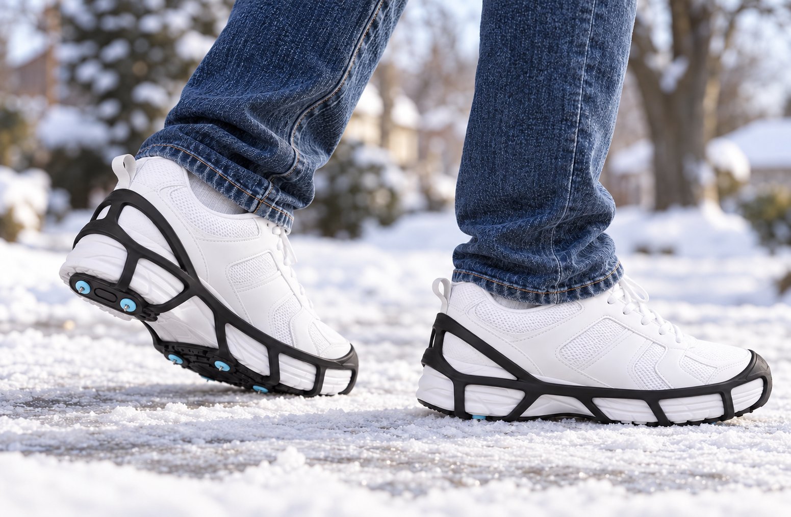 Black Due North Everyday G3 traction aids fitted to white athletic shoes during a walking step on a snow-covered neighborhood path.