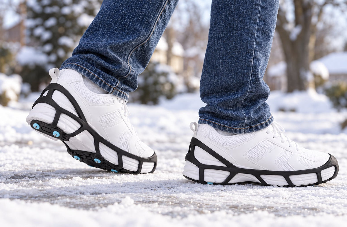 Black Due North Everyday G3 traction aids fitted to white athletic shoes during a walking step on a snow-covered neighborhood path.