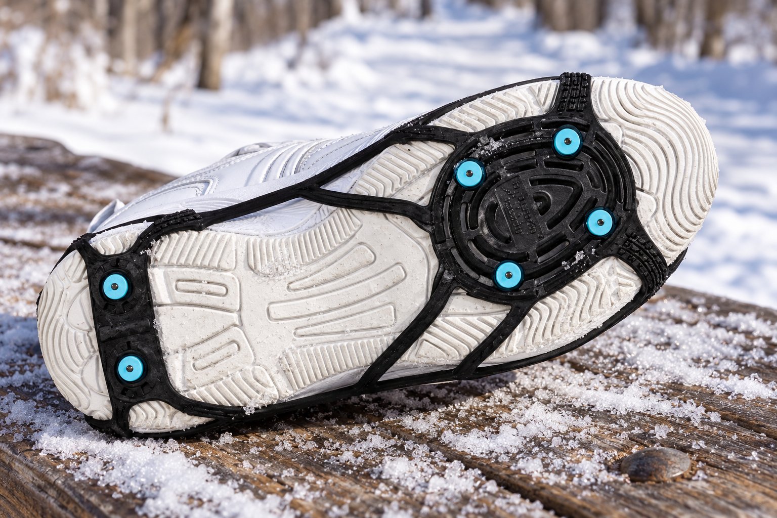 Six turquoise Ice Diamond replacement spikes installed in a black traction aid on the underside of a white shoe resting on a snow-dusted trailhead bench; shoe and traction aid are not included.