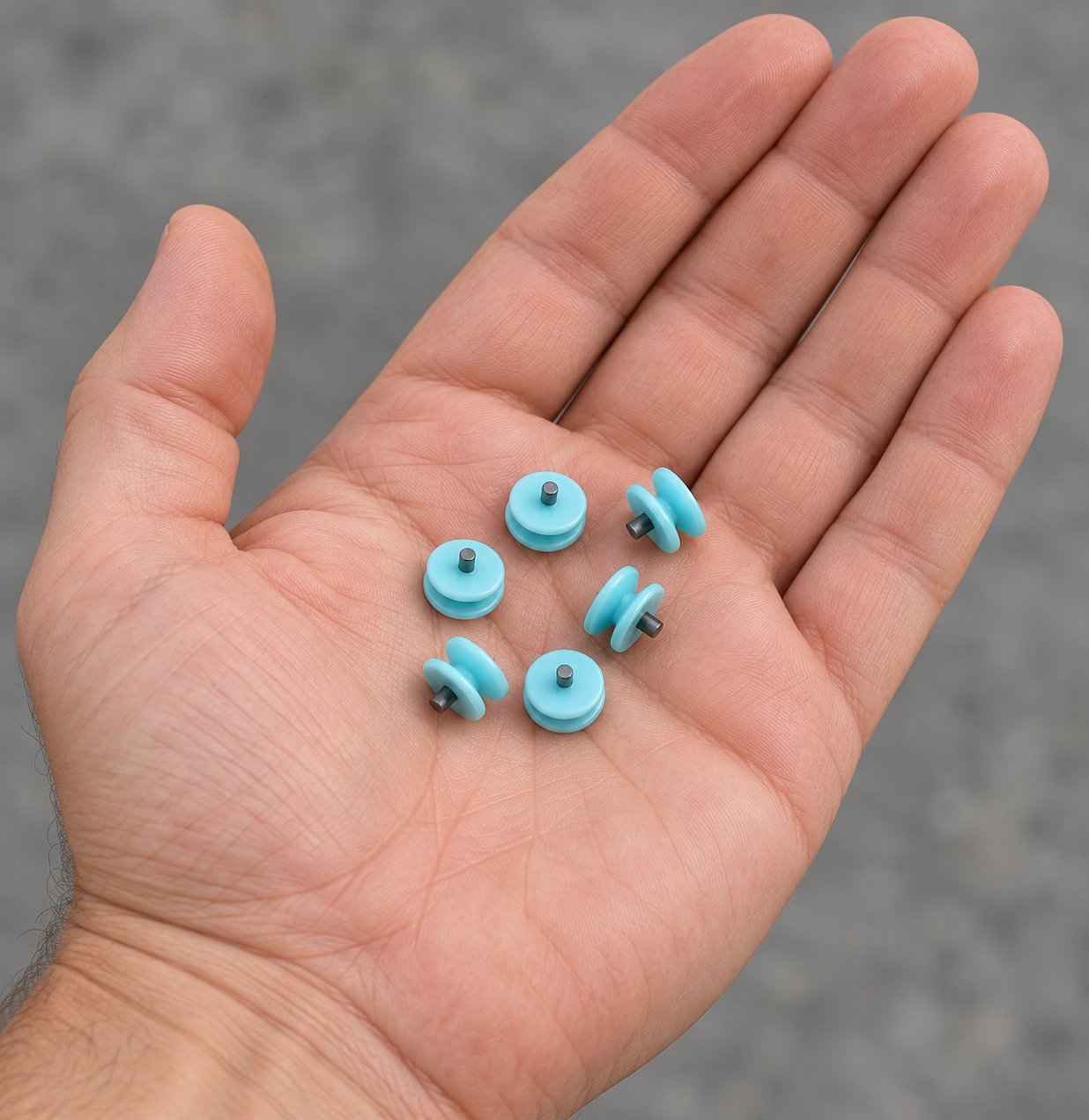 Six small turquoise Ice Diamond replacement spikes resting on an open palm to show their scale.