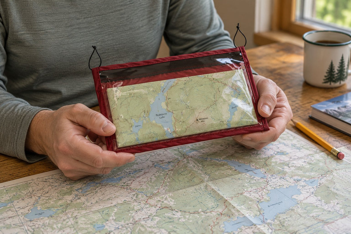 A compact burgundy Equinox Hellbender Ultralite Map Case Medium held in both hands above a map on a wooden planning workbench.