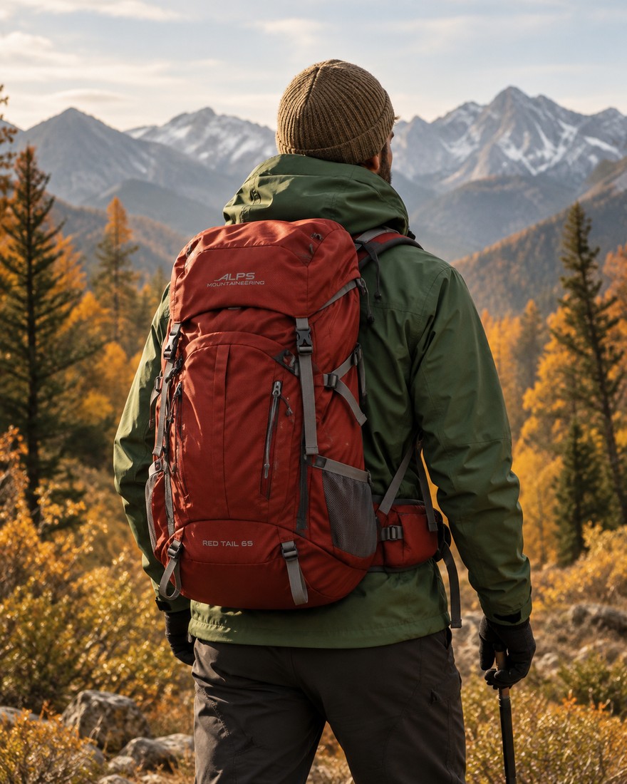 Hiker wearing a green jacket and red ALPS Mountaineering backpack on a fall trail