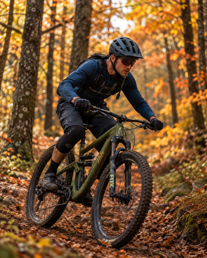 Mountain biker riding an olive Ibis bicycle on a leaf-covered woodland trail