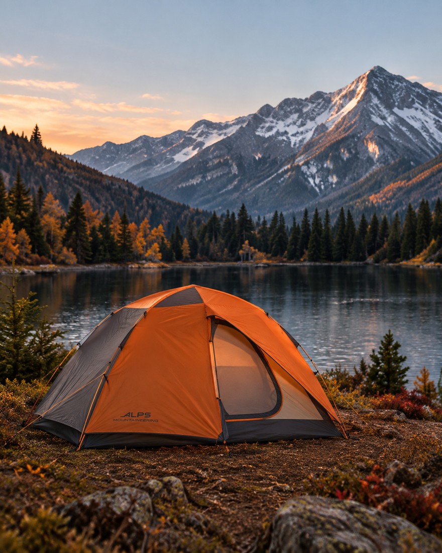 Orange and gray ALPS Mountaineering tent beside a mountain lake at dusk