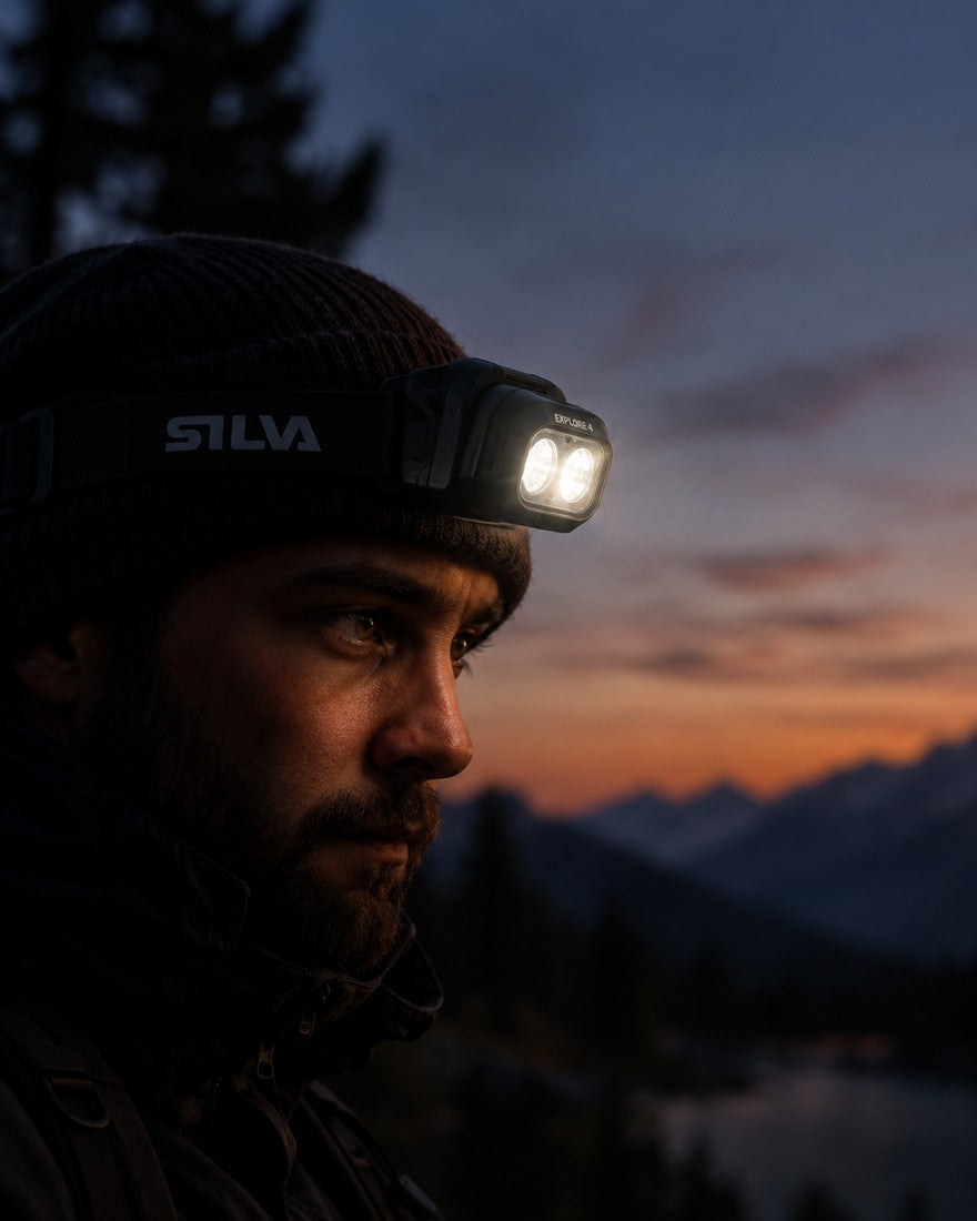 Hiker wearing a Silva headlamp at mountain dusk