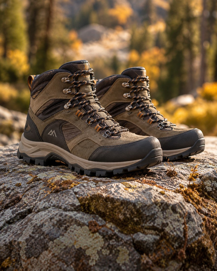 Brown hiking boots on a rocky trail with autumn trees in the background
