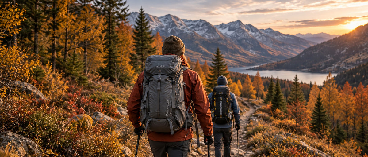 Two backpackers on an autumn mountain trail overlooking an alpine lake