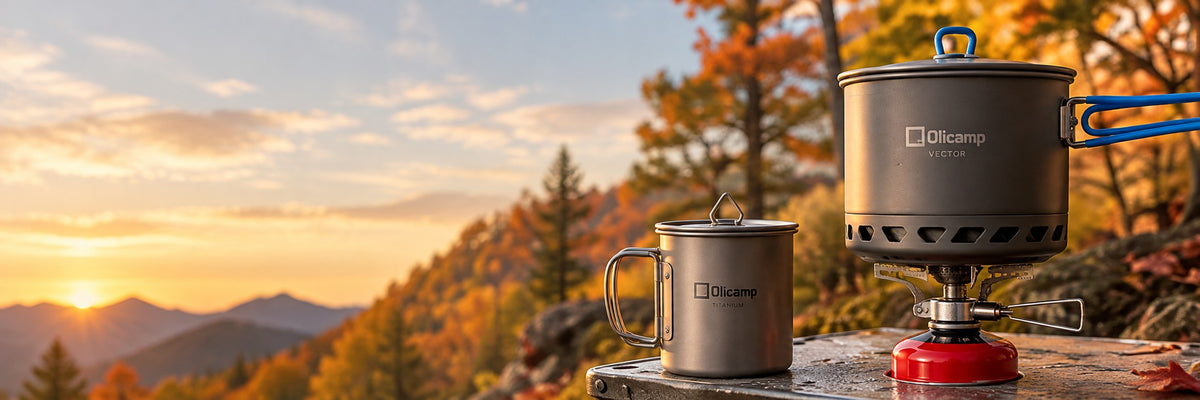 Olicamp stove, cooking pot and titanium mug on an outdoor table in autumn