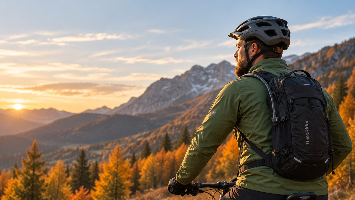 Cyclist in a green jacket and black ThinkRider hydration pack at an autumn overlook