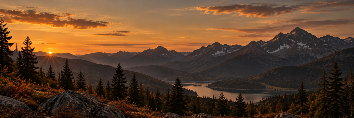 Mountain silhouettes and evergreen forest around an alpine lake at autumn sunset