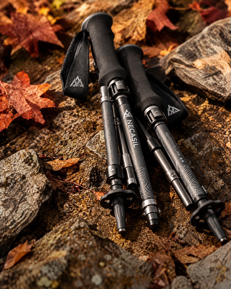 Folded trekking poles resting on rocks among autumn leaves