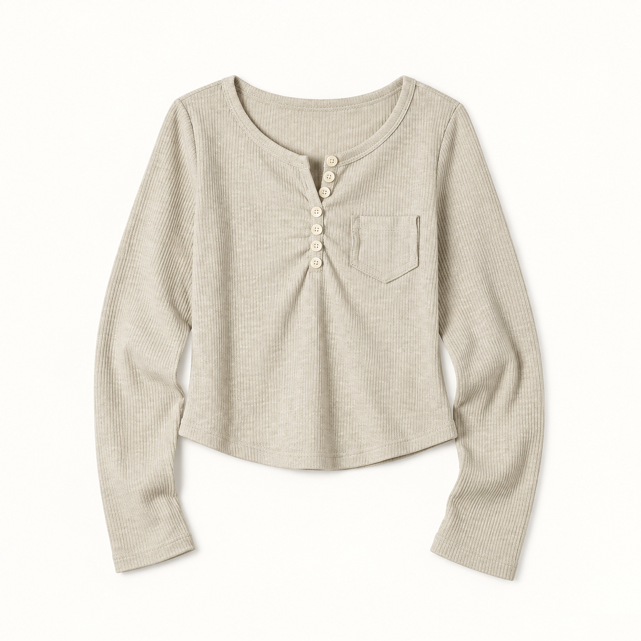 Apricot Maden ribbed cropped Henley with seven-button placket, curved hem and single chest pocket