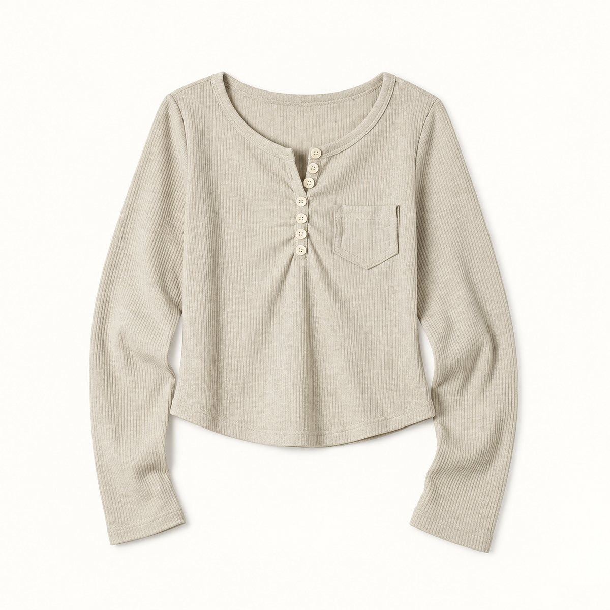 Apricot Maden ribbed cropped Henley with seven-button placket, curved hem and single chest pocket