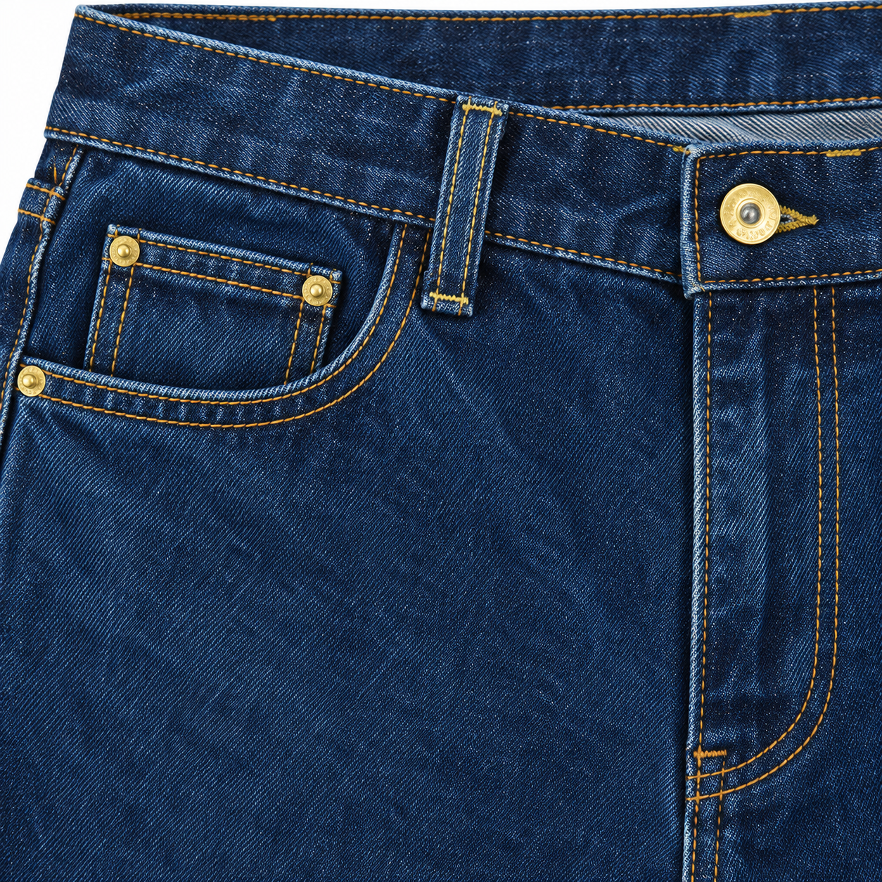 Front waist and pocket detail of dark-blue Maden jeans with gold-toned button and contrast stitching