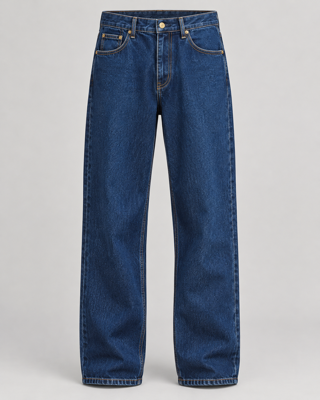 Dark-blue Maden straight-leg jeans with contrast stitching, full front view