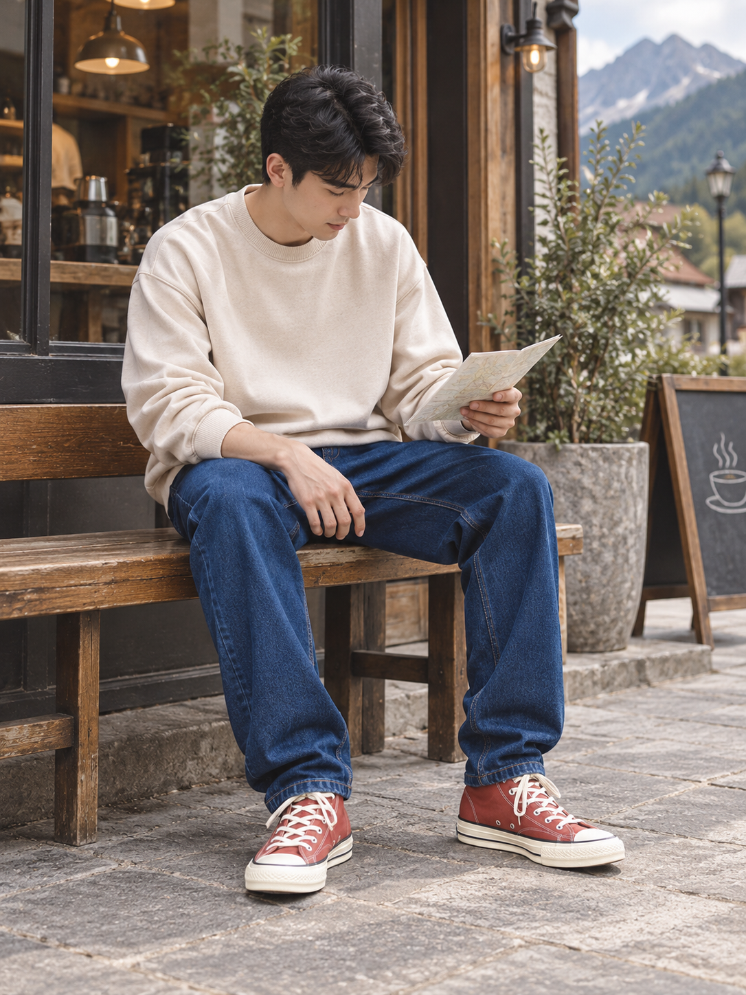Man seated outside a coffee shop wearing dark-blue Maden straight-leg jeans while reading a folded map