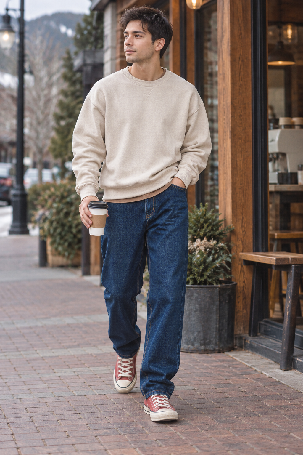 Man wearing dark-blue Maden straight-leg jeans with a cream sweatshirt and red canvas shoes
