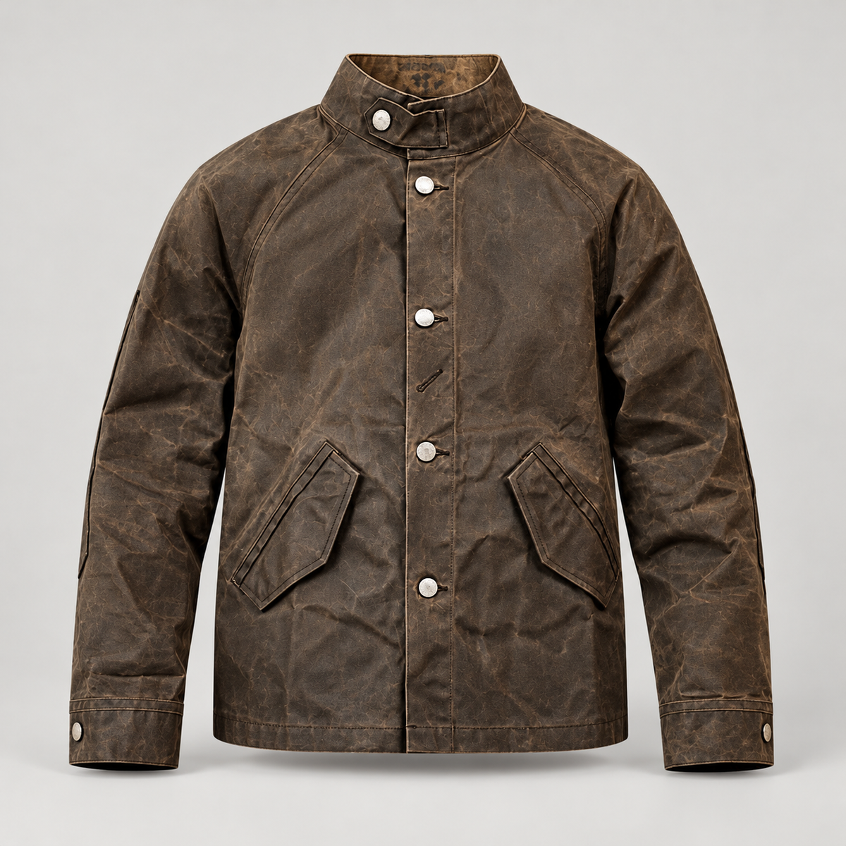 Brown-toned Maden work jacket with stand collar and two angled lower flap pockets, full front view