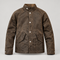 Brown-toned Maden work jacket with stand collar and two angled lower flap pockets, full front view