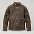 Brown-toned Maden work jacket with stand collar and two angled lower flap pockets, full front view