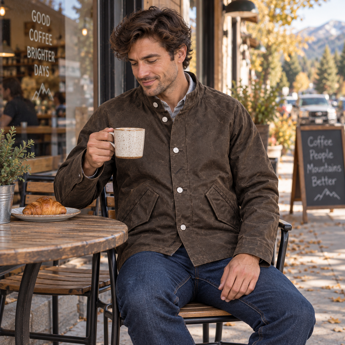 Man seated at a coffee-shop table wearing the brown-toned Maden work jacket