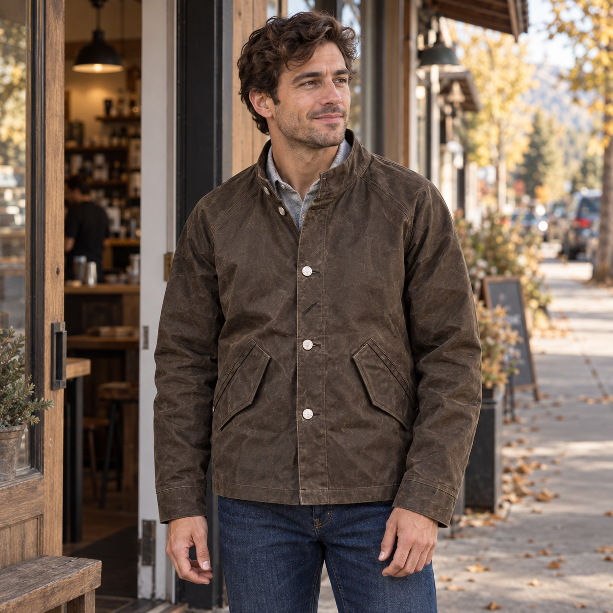 Man wearing the brown-toned Maden work jacket with a gray shirt and dark jeans outside a coffee shop