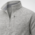 Close view of the light gray quarter-zip pullover stand collar, quarter zipper, vertical zip chest pocket.