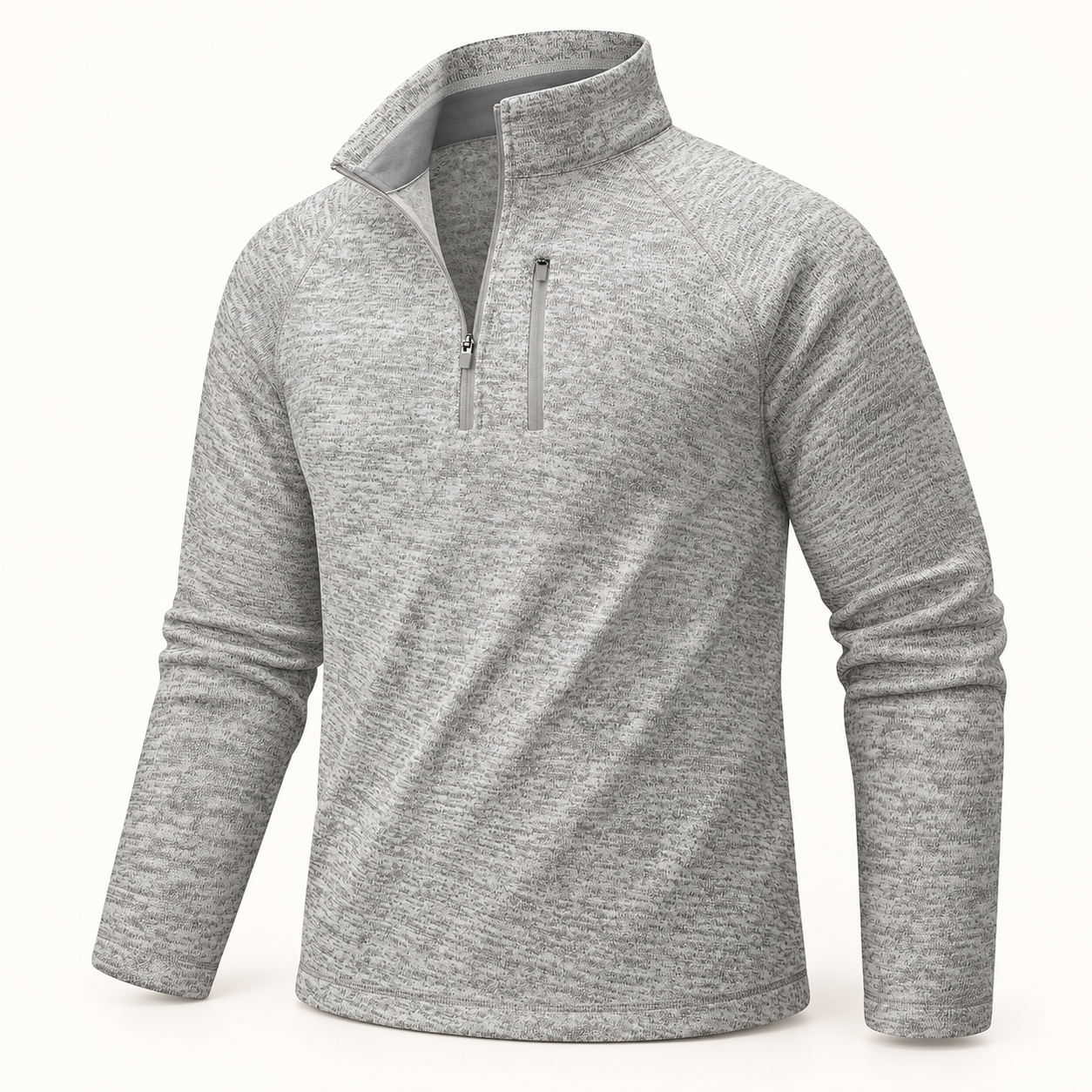 Light gray heather quarter-zip pullover with stand collar, quarter zip, vertical zip chest pocket.