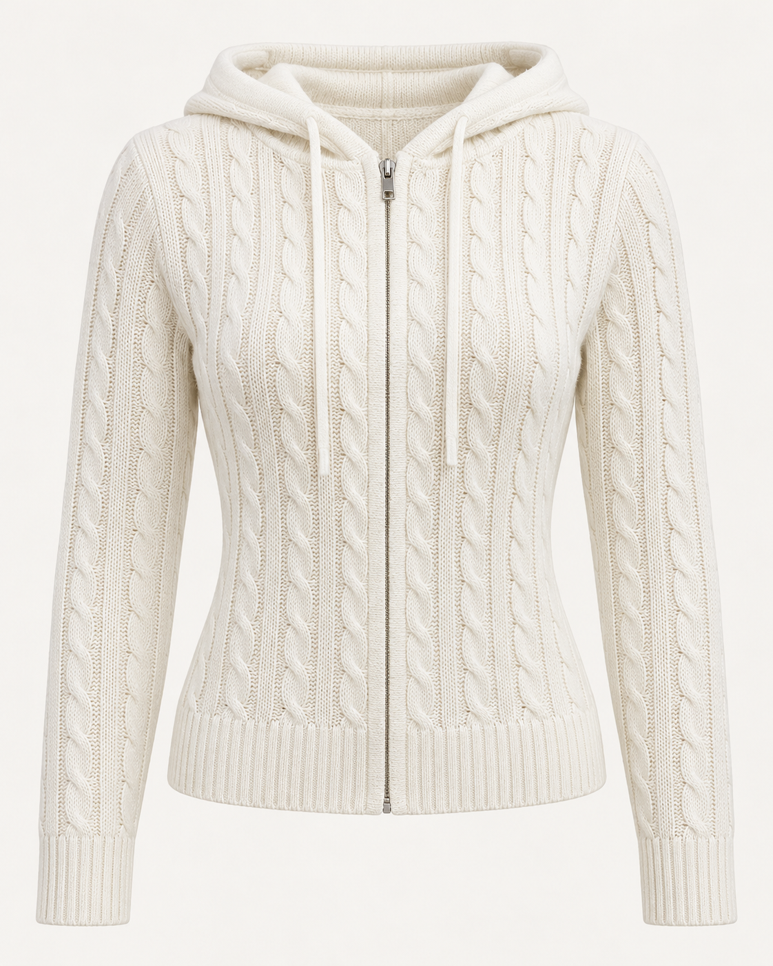 Cream cable-knit zip hoodie shown front-on in a plain studio, with a hood, drawstrings, central zip, vertical cable panels, ribbed cuffs and ribbed hem.
