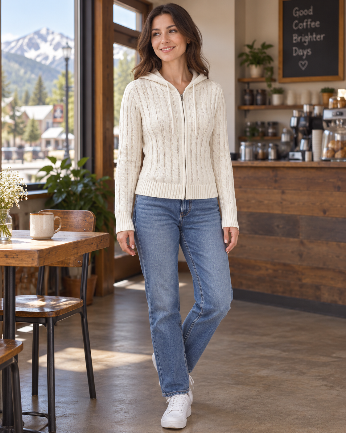 brunette wearing a cream cable-knit zip hoodie with jeans in a coffee shop.