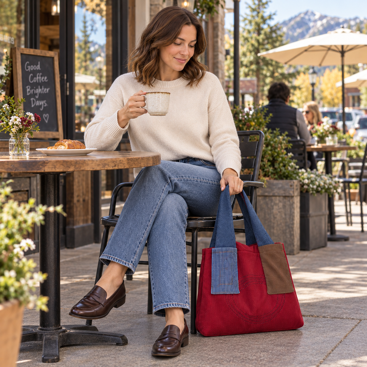 Woman seated outside a coffee shop with the burgundy colorblock shoulder tote and curved stitched front detail